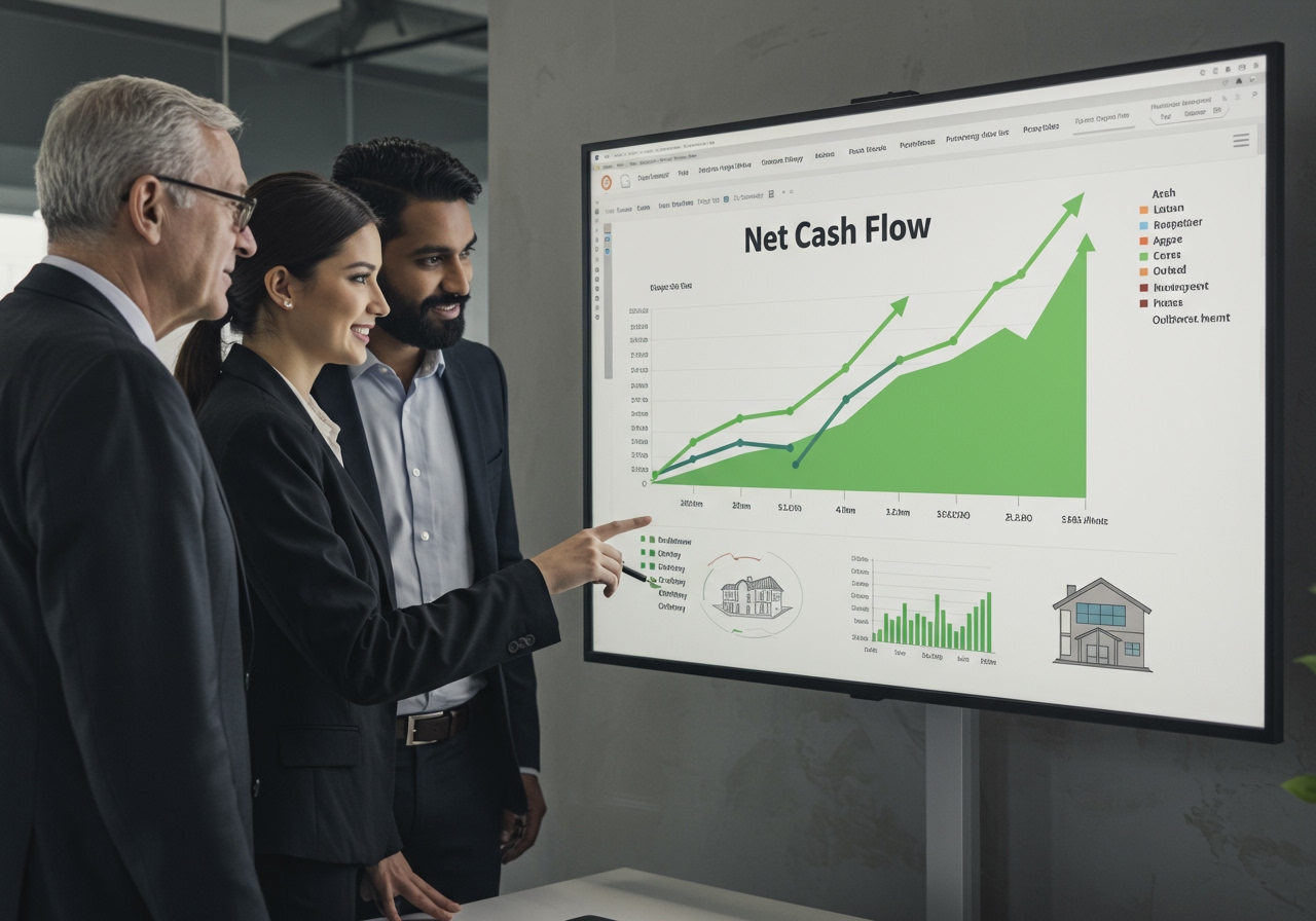 An property investment coach helping his mentees learn more about positive net cash flow in his office with a board that has a chart on it.