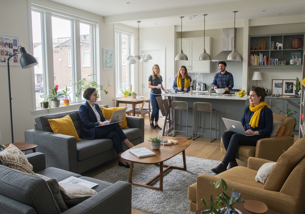 a communal space in a high quality HMO occupied by five working professionals